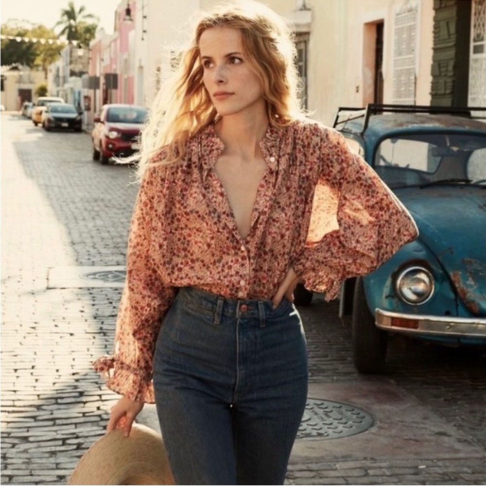 Doen Rose Top in Pink Valley Floral, Button Front Blouse